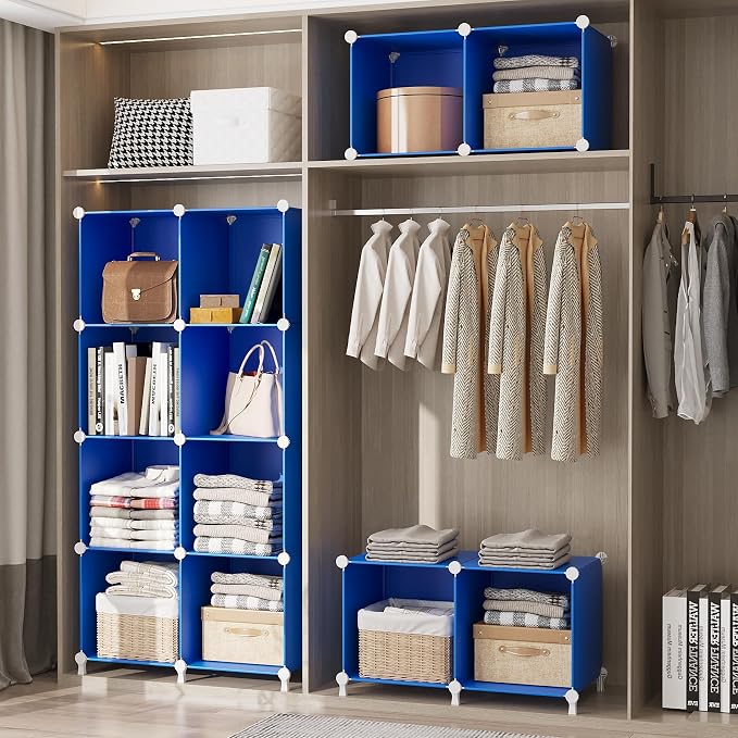 AWTATOS Cube Storage Organizer, 8 Cube Closet Organizers Stackable, Blue | Portable Closet Storage Cube Shelves, DIY Plastic Bookshelf Clothes Organizer Shelving for Bedroom, Home Office