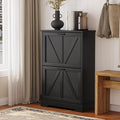 Semiocthome Farmhouse Shoe Storage Cabinet with 2 Flip Drawers, 23.6"(W) Freestanding Shoe Organizer with Barn Door and Metal Handles for Entryway, Corner Rustic Narrow Shoe Rack Cabinet - Black