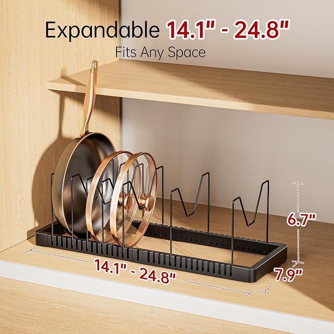 ORDORA Expandable Pot Lid Organizer, Solid Metal Under‑Cabinet Pots and Pan Storage Rack 14.1''‑24.8'', Fits Bakeware & Cookie Sheets with 14 Adjustable Dividers