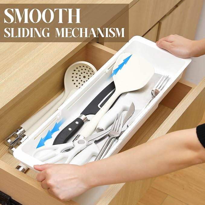 2 Pack Deep Drawer Organizer Adjustable Storage Bin(17.4-27.6") | Adjustable Width Design, Maximize Drawer Storage, Kitchen & Home Organization Solution