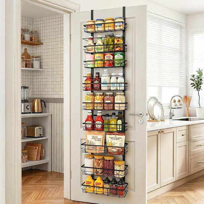Over the Door Spice Rack 9-Tier Black for Kitchen Pantry | Adjustable 9-tier metal over-door storage rack for kitchen, pantry. Rust-resistant, hooks, suction cups, no-drill.