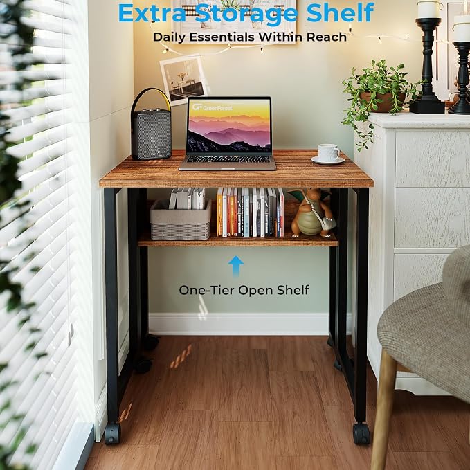 GreenForest Folding Desk with Wheels, 31.5" Rolling Table for Small Spaces | Storage Shelf, Lockable Casters, Compact Portable Workstation, Space-Saving Foldable Sofa Table, Home Office, Mobile, Walnut