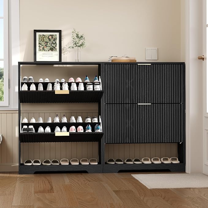 Garvee Shoe Storage Cabinet with 2 Flip Drawers,Slim Fluted Shoe Rack Cabinet with Open Storage,Wooden Hidden Shoe Rack Freestanding Narrow Shoes Organizer for Hallway, Entrance,Foyer,Black