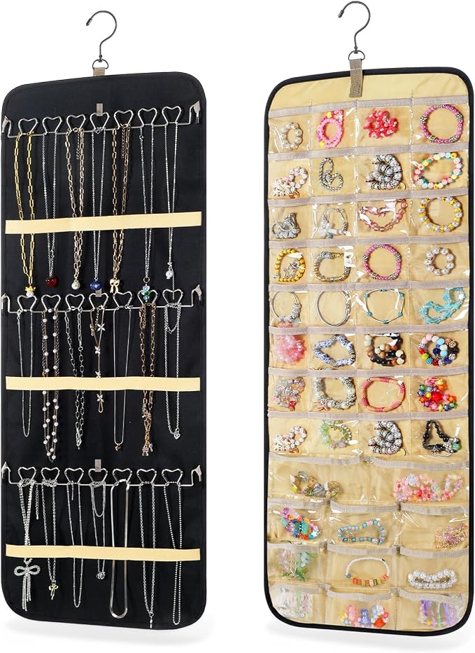 2 Pack Hanging Jewelry Organizer Storage with 43 Pockets and Hooks Dual-Sided Hanging Jewelry Organizers and Storage Hang on Closet, Wall, Door for Earrings, Necklaces, Rings,Blcak