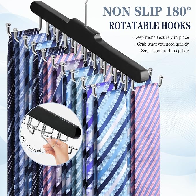 2PC Tie Rack Hanger for Closet,Upgraded Tie Holder Organizer for Men, Black | Non Slip Neck Tie Organizer with 20 Foldable Hooks, Belt Hanger Space Saving, Fits for Tank Tops Bras Cami Scarves
