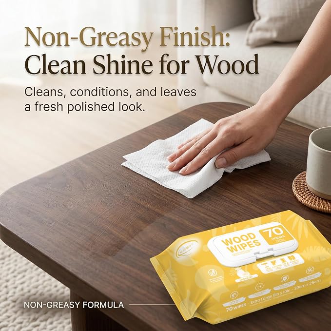 Air Jungles Wood Furniture Cleaner Wipes, XL 8x10 Inch, 70 Count | Clean, Protect, Polish Finished Wood Tables, Chairs, Cabinets, Desks, Door, With Vitamin E Gentle For Skin, Lemon Scent