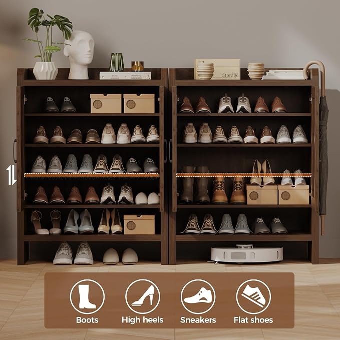 Mericonia 6-Tier Shoe Cabinet Storage for Entryway, Rattan Shoes Organizer Cabinets with Doors, Wooden Shoe Rack, Farmhouse Boho Wood Storage Cabinet (Walnut, 6-Tier)