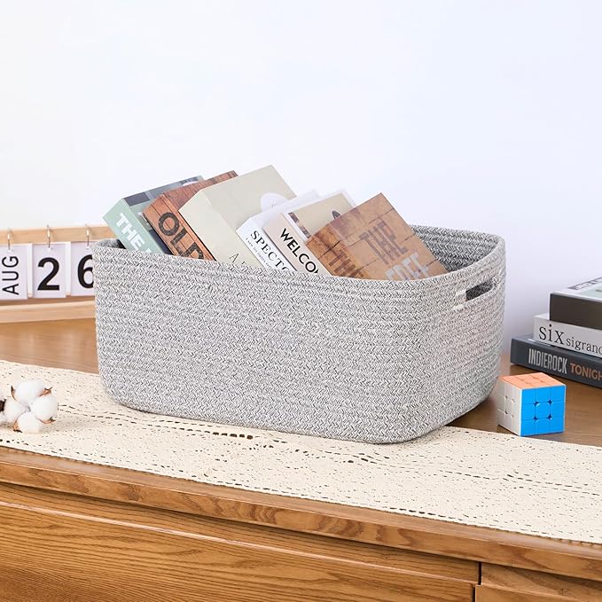 MiniArk Large Storage Baskets for Organizing, 17 x 13 x 7.5” Closet Shelf Baskets for Clothes Blanket Towels, Baby Nursery, Toy Bins Box, Woven Rope Baskets, 4 Packs Mixed Grey