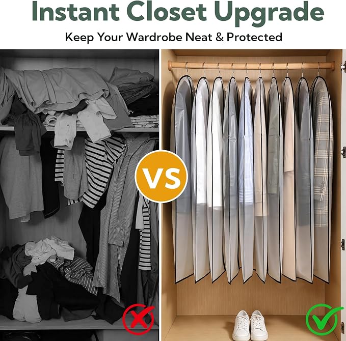 24 Pack Garment Bags for Hanging Clothes, 40" Clear PEVA Garment Bags with Zipper, Dustproof Clothes Covers for Suits, Shirts, Jackets and Dresses, Reusable Hanging Garment Bags for Closet Storage