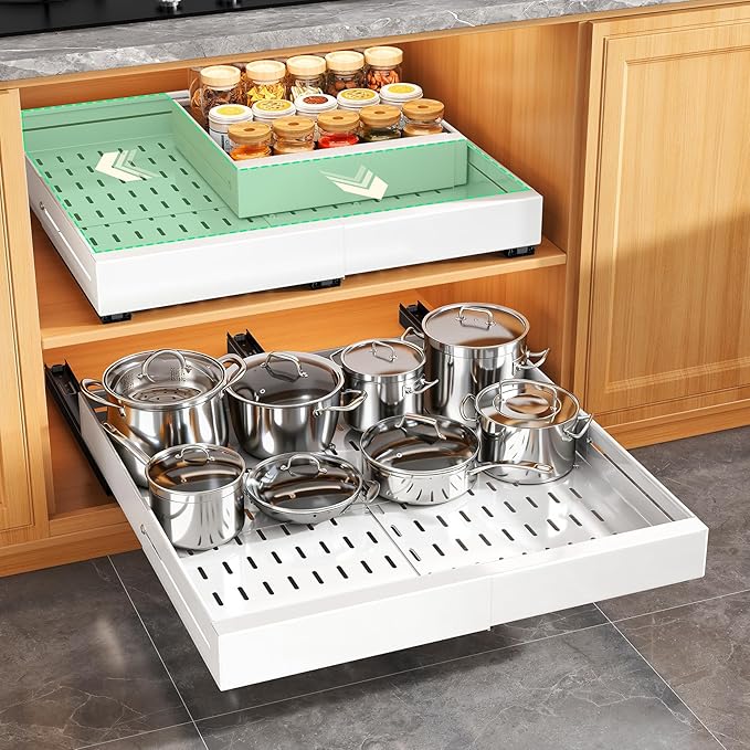Pull out Cabinet Organizer, Expandable Width(14"-24"), Depth(13"-24") with 3 Rails, Slide Out Drawers With Raising Pad for Framed Cabinets, Fixed with Adhesive Film for Cabinets in Kitchen, White