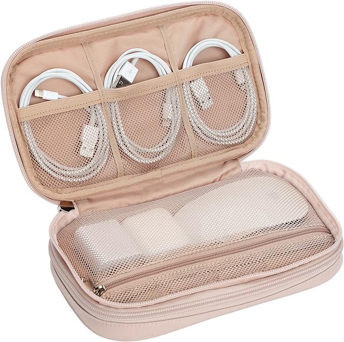 NISHEL Travel Cord Organizer Case, Double Layers Tech Electronic Bag, Essentials for Charger, Cable, Phone, Flash drive, Medium, Pink