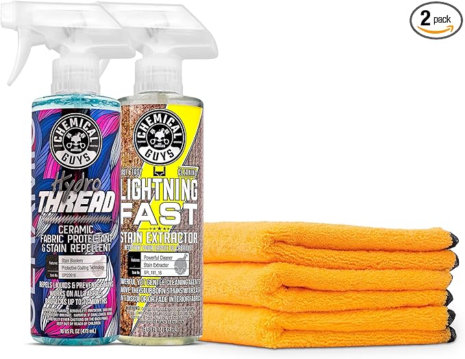 Chemical Guys SPI22616 HydroThread Ceramic Fabric Protectant & Stain Repellent + SPI_191_16 Lightning Fast Carpet & Upholstery Stain Extractor + MIC_506_03 Premium Microfiber Towels (16"x16")