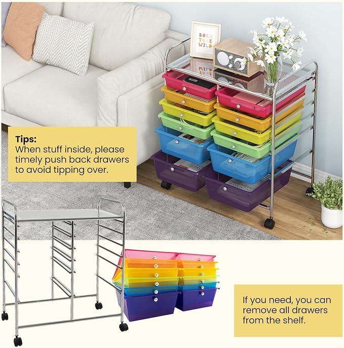 BECOMFORT 12-Drawer Rolling Cart with Drawers, Storage Cart on Wheels, Teacher Classroom Organizers with Metal Frame, Mobile Craft Cart, Trolley Utility Cart for School Office Play Room