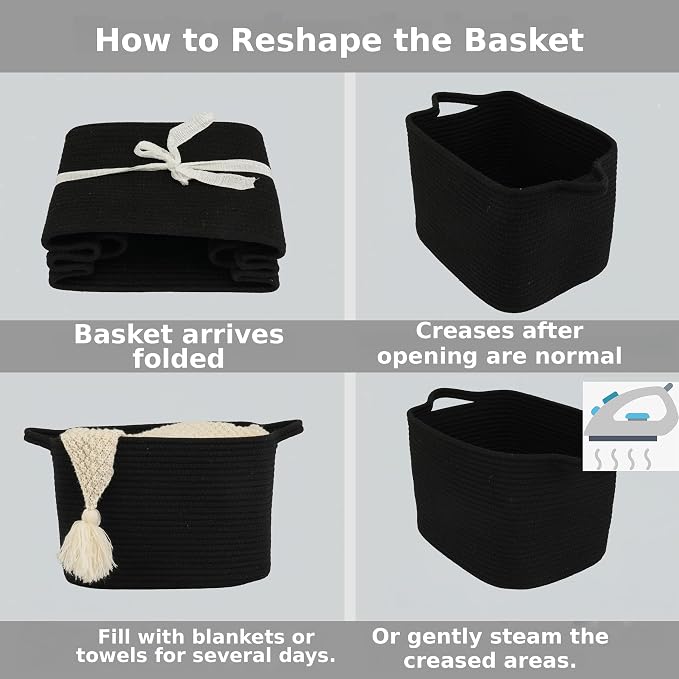 XUANGUO Woven Cotton Rope Storage Basket with Handles 13x10x9 inch Black | Woven cotton rope basket for shelves and closets. Perfect for toys, books, clothes, nursery storage and gift baskets.