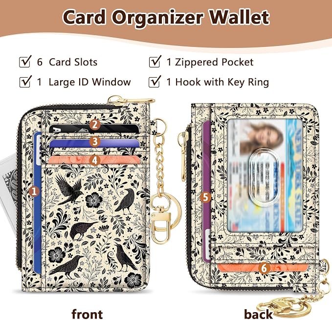 GIANCOMICS Slim Wallet Credit Card Holder Women, Goth Crow Rfid Blocking Small Card Case, Keychain Thin Pocket Curved Zipper Wallet, Travel Card Holder PU Leather ID Window, Ladies Female Gifts