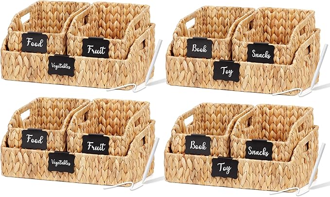 Wicker Baskets for Organizing,Pantry Baskets with Built-in Handles, Handwoven Wicker Storage Basket, Water Hyacinth Storage Bins for Shelves, 3 Pack, Natural 4 Set