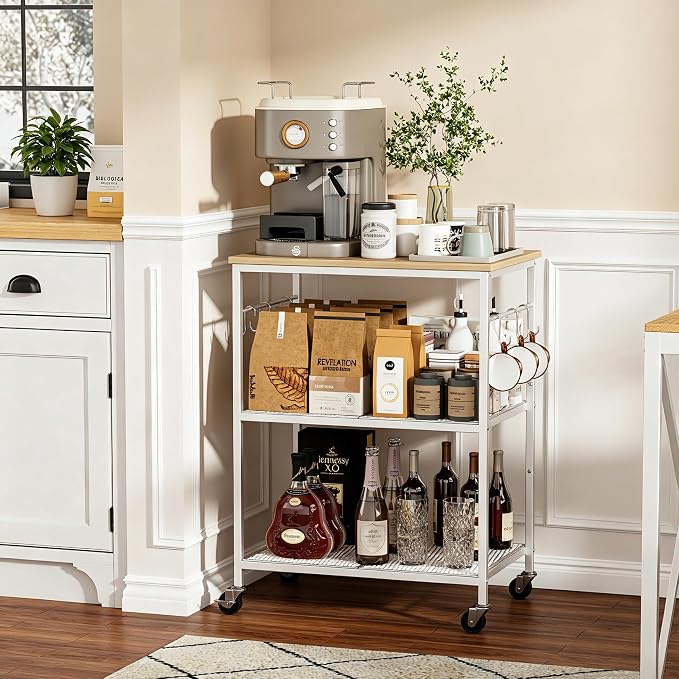 Homleke 3-Tier Rolling Kitchen Microwave Cart, Utility Cart | with Lockable Wheels Coffee Bar Table Station with 6 Hooks, Small Appliance Storage Shelf, White and Natural