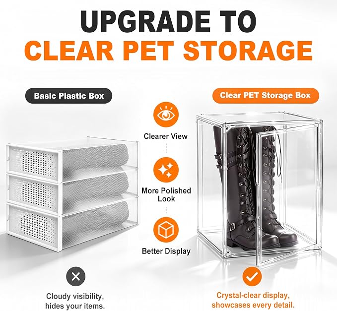 XXX-Large Extra Large Acrylic Display Case 17.3'' x 13'' x 13'' Transparent Sneaker Shoe Organizer Clear Plastic Stackable Boot & Shoe Boxes Large Showcase for Helmet, Handbag, Figures Collectibles