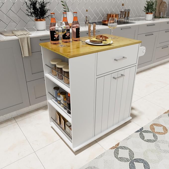 HQZX Rolling Kitchen Island with Trash Can Storage, Portable Kitchen Island on Wheels with Towel Rack & Spice Rack, Tilt Out Trash Can Cabinet with Drawer, Mobile Island Cart (White)