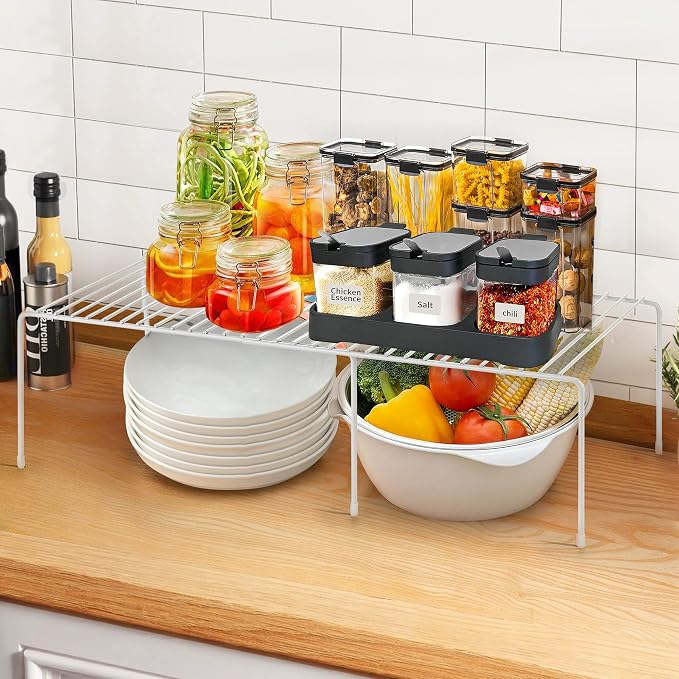 Ravinte 2 Pack Freezer Shelf Organizer, Expandable Cabinet Storage Shelf with Rustproof Metal Wire, Adjustable Kitchen Cabinet Organizer Spice Rack for Frige, Pantry, Cupboard, Countertop - White