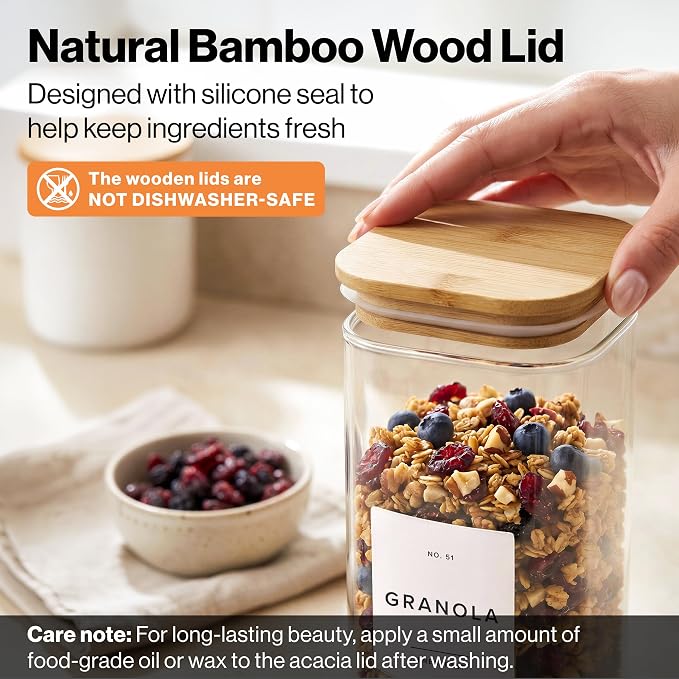Glass Pantry Storage Jars Containers with Bamboo Lids and Labels - Set of 5 | Extra Thick Square Glass Canisters with Bamboo Wood Lids and 54 Pre-printed Pantry Labels keeps dry Goods Fresh and Organized