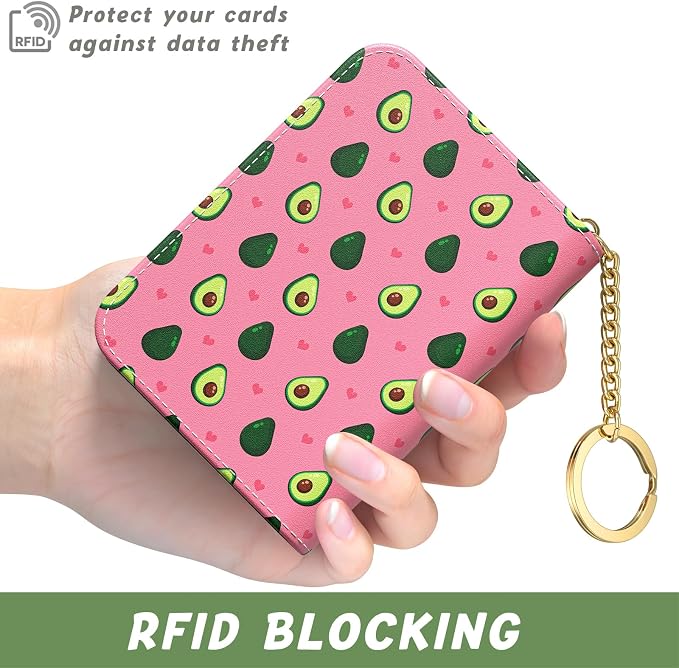 Aiawoxc Credit Card Holder, Small RFID Wallet Slim Leather Card Organizer Case with Zipper and Keychain, Avocados