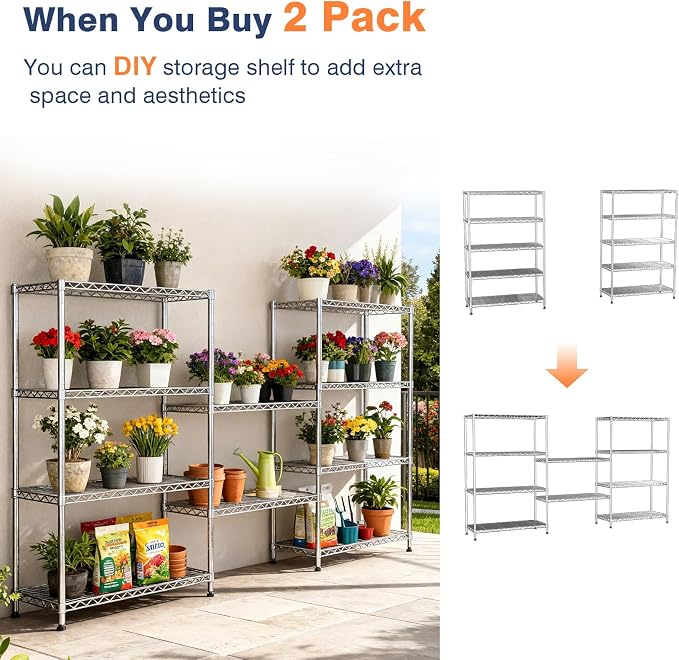 5 Tier Shelving Unit,30" Wx14 Dx62 H,Wire Shelving with Lockable Wheels,Metal Shelf Rack,Height Adjustable Wire Rack Storage Shelving Stand for Kitchen,PantryGarage,Office,Laundry,Living Room