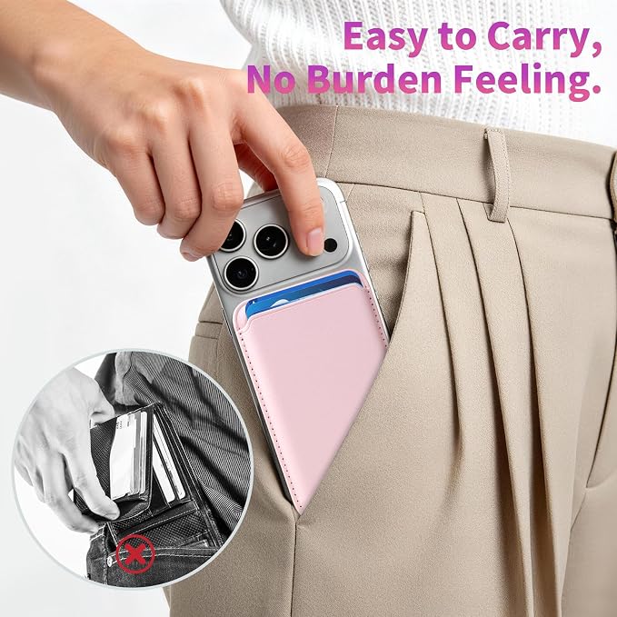 Magnetic Wallet Phone Card Holder for Phone Case with Mag-Safe, Stronger Magnetic RFID Leather Phone Wallet Stick on Series of iPhone 17/16/15/14/13/12 and Pro/Promax, Blush Pink