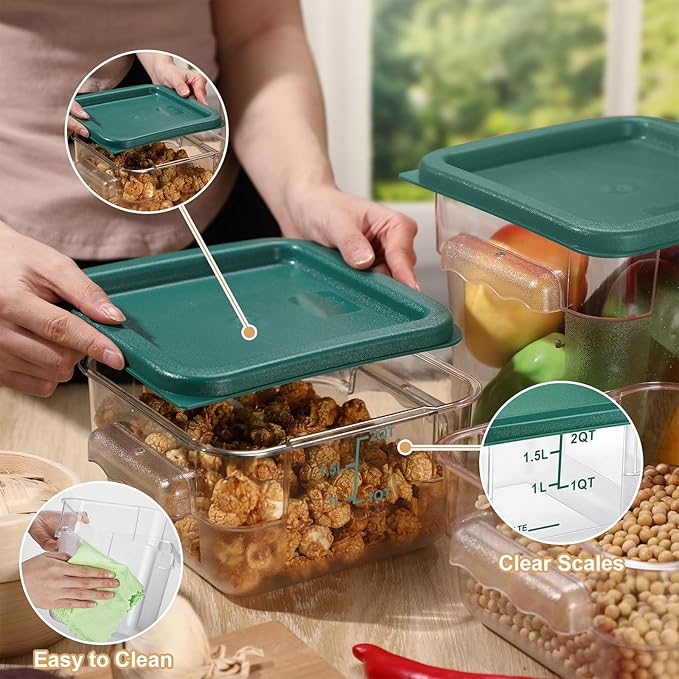 Barydat 4 Pcs Square Food Storage Containers with Lids Measurement Scales, 2qt & 4qt Clear Plastic Stackable Containers for Dough Proofing Baking Kitchen Restaurant and Pantry Organization(Green)