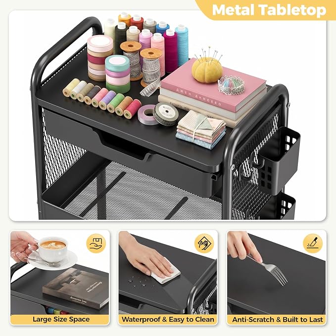 3 Tier Metal Rolling Utility Cart with Drawer & Pegboard - Multifunctional Storage Cart on Wheels with Tabletop, Hooks & Basket, Sturdy Craft & Art Cart for Bathroom, Bedroom, Children Room, Black