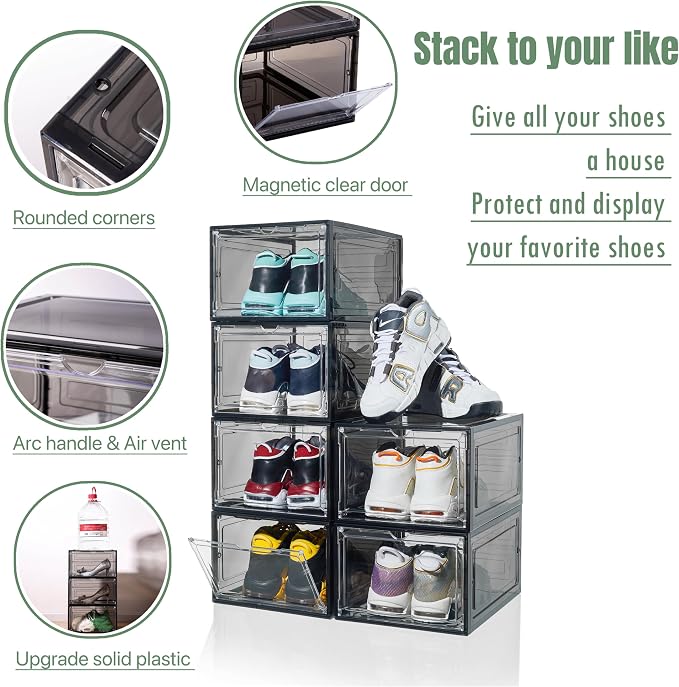 ZLLZUU Stackable Shoe Storage Boxes 9 Pack X-Large Black Sneaker Organizer | Fits up to Men's Size 12 High-top Sneakers, Clear Visible Magnetic Door, Quick Aceess, Durable and Sturdy, Easy to Assemble