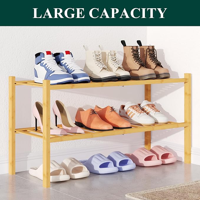 Smiry Bamboo Shoe Rack for Closet, 2 Tier Wooden Shoe Organizer, Stackable Wood Shoe Storage Shelf for Entryway, 14 Vertical Slats, One-piece Heavy-Duty Legs, 26.77"x11.02"x12.99", Natural