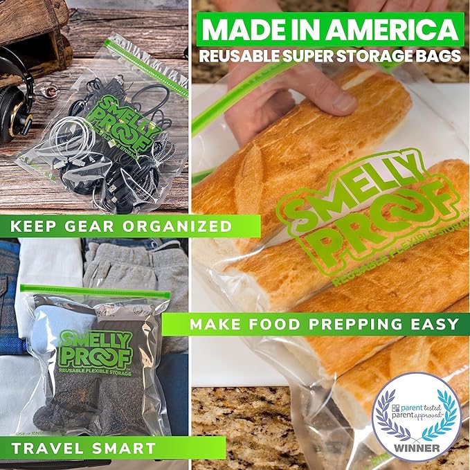 Smelly Proof Reusable Food Storage Bags, Reusable Freezer Bags, MADE IN USA, Dishwasher-Safe, BPA FREE, NO PEVA, XL 3-mil, Extra Large Clear FLAT 10.5" x 12" GALLON, 15-Pack