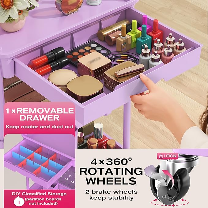 Goovilla Rolling Makeup Organizer Cart with Removable Drawer, 4 Tier Stable Purple Floor Skincare Storage Cart for Vanity, Cosmetic Display, Nail Polish, Perfume, Hair Stuff, Beauty, Bathroom(Plastic)