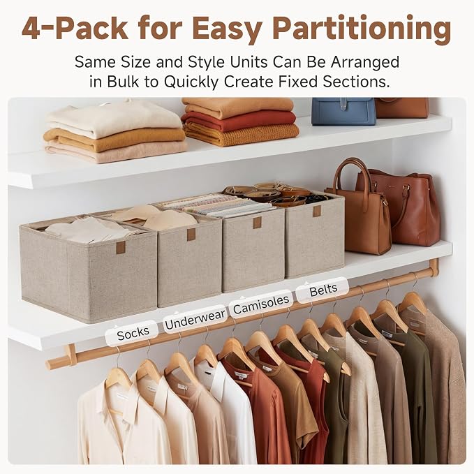 StorageWorks Fabric Storage Bins, Narrow Baskets for Storage, Small Baskets for Organizing with PU Handle, Suitable for Clothes, Books, and Toys, Brown and Beige, 4-Pack