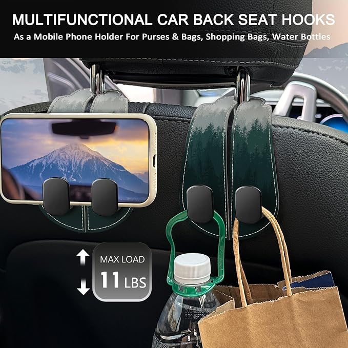 Blusabaca 2PCS Car Seat Headrest Hooks, Purses Bags Holder, Forest Trees | PU Leather, Double Metal Back Storage Hangers for Grocery Bags Handbags Bottles Coats Phones, Car Accessories Organization