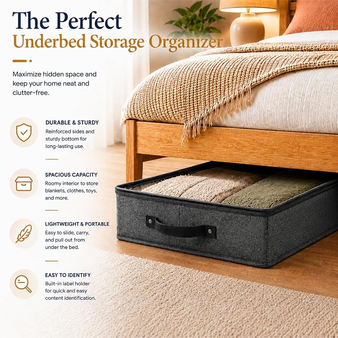 HOMELUX THEORY 2pc Under Bed Storage Containers, Bedroom Under the Bed Drawer Storage Organizer with Bins and Lids, Large Underbed Clothes Storage Box Ideal for Blanket, Fabric, & Shoes (Dark Gray)