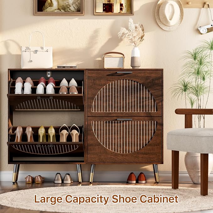 Farmhouse Shoe Cabinet Storage for Entryway, Slim Shoe Rack Cabinet with 4 Flip Drawers, Narrow Shoe Organizer Cabinet with Stylish Round Panel, Metal Leg and Handle