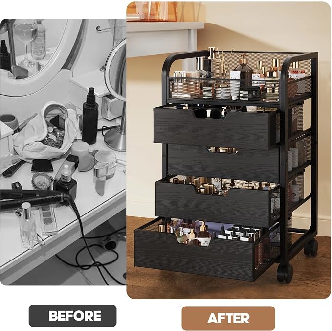 Makeup Organizer Cart with 4 Drawers, Vanity Storage Drawer Carts with Dividers, Nail Cart Organizer Cosmetic Display Cases Cabinet for Skin Care, Nail Polish, Perfume, Black