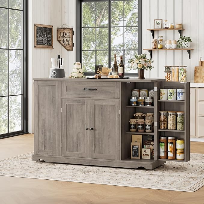 HOSTACK Kitchen Island Cart with Storage, Rolling Island Table, Ash Gray | 47"W Mobile Kitchen Storage Islands on Wheels with 2 Drawers, Adjustable Shelves, Movable Buffet Cabinet for Dining room