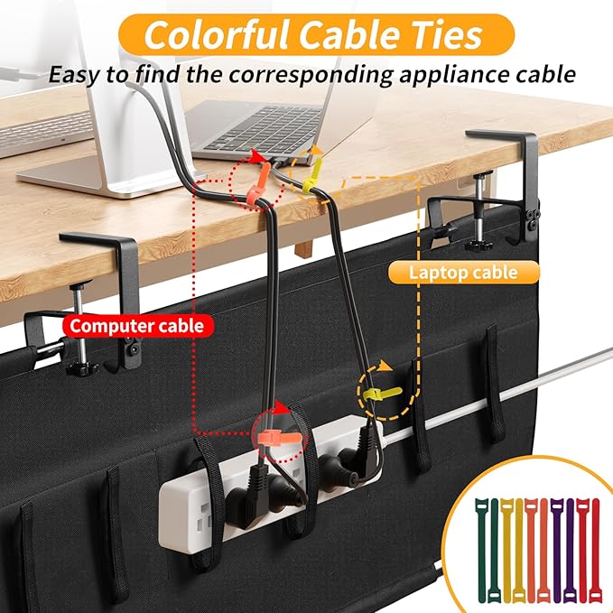 Under Desk Cable Management Tray with Clamp, No Drill 48" Cord Organizer for Desk, Desk Cable Management Fabric Tray for Standing Desks, Ideal for Home & Office - Black