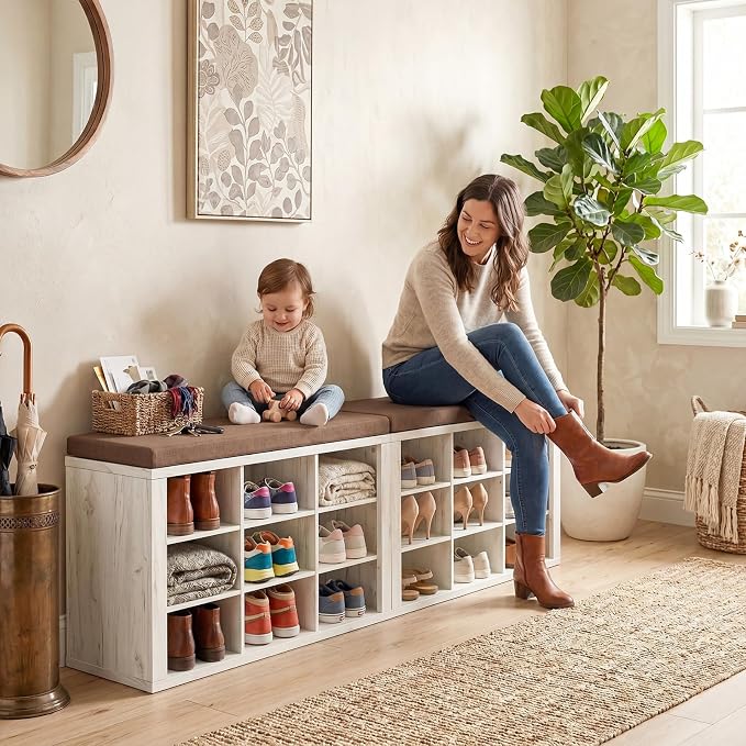 ITEFDTUTNE Shoe Rack Bench, 18 Cubbies Shoe Storage Bench with Cushion, 59" | Entryway Bench with Shoe Storage, Widened Organizer Cabinet for Entryway Hallway Bedroom Living Room, Holds Up to 400lbs