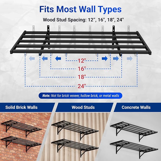 FLEXIMOUNTS Fold-Down 2x4ft Garage Wall Shelving, 2-Pack Heavy Duty Folding Garage Shelving Wall Mounted, 600 lbs Capacity, Storage for Power Tools, Garden Supplies & Seasonal Storage, Lite Series