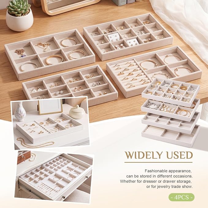 Unittype Set of 4 Stackable Jewelry Organizer Tray for Drawer Inserts Velvet Necklace Earring Bracelet Ring Holder Jewelry Display Storage Box for Bangle Stud Necklace Ring(Mixed Styles,Beige)