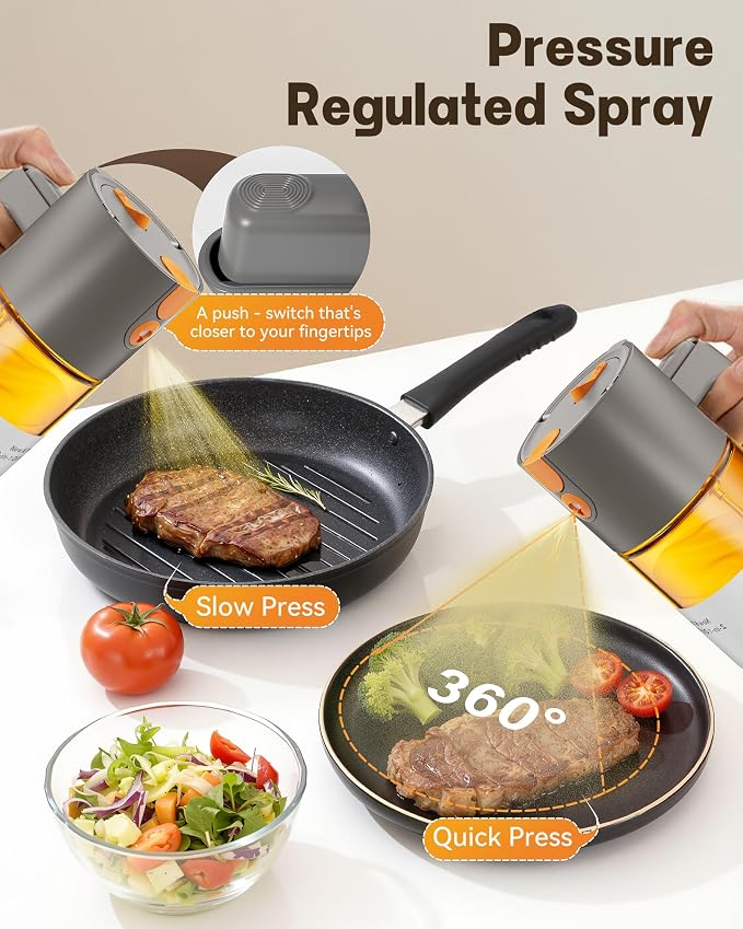 Olive Oil Sprayer & Dispenser Bottle for Cooking 17oz Dark Glass Oil Mister | 2-in-1 Sprayer & Pourer, Leakproof, Fine mist, Light-Blocking, Wide Mouth for Easy Refill & Clean, 8 Oil Labels, Reusable