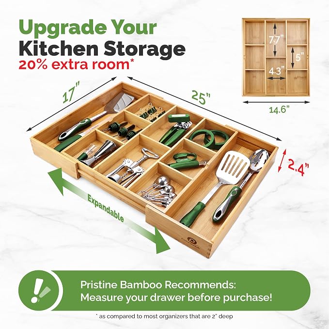 Pristine Bamboo Expandable Drawer Organizer, 10-Slot, Dark Brown | Extra Deep Non-Slip Kitchen Drawer Organizer, 17"x14.6" Expands to 25", Dark Wood Silverware Divider for Utensils