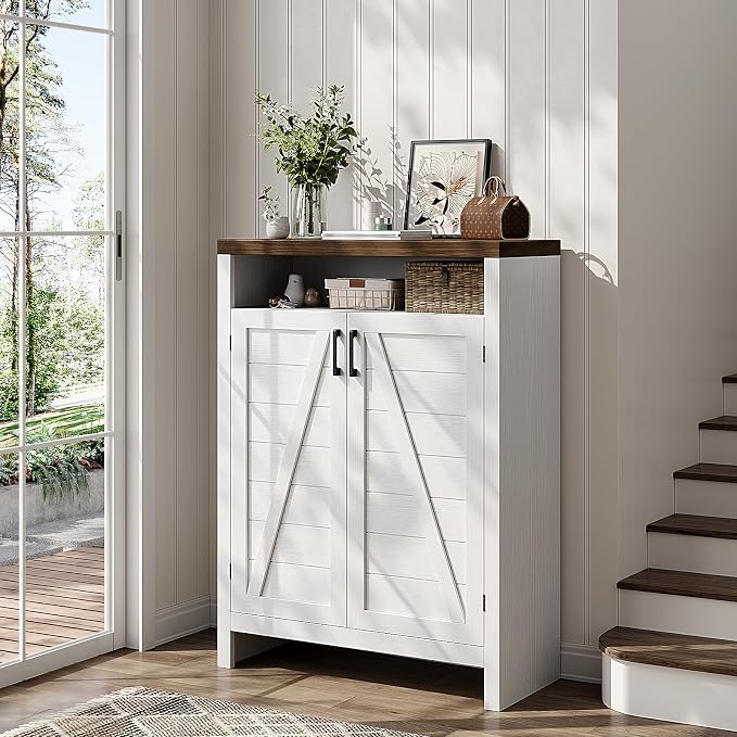 ONBRILL 6-Tier Shoe Cabinet with Doors, Farmhouse Shoe Storage Cabinet with Adjustable Shelves, Large Capacity Wooden Shoe Rack Organizer for Entryway, Closet, Hallway, Living Room, White