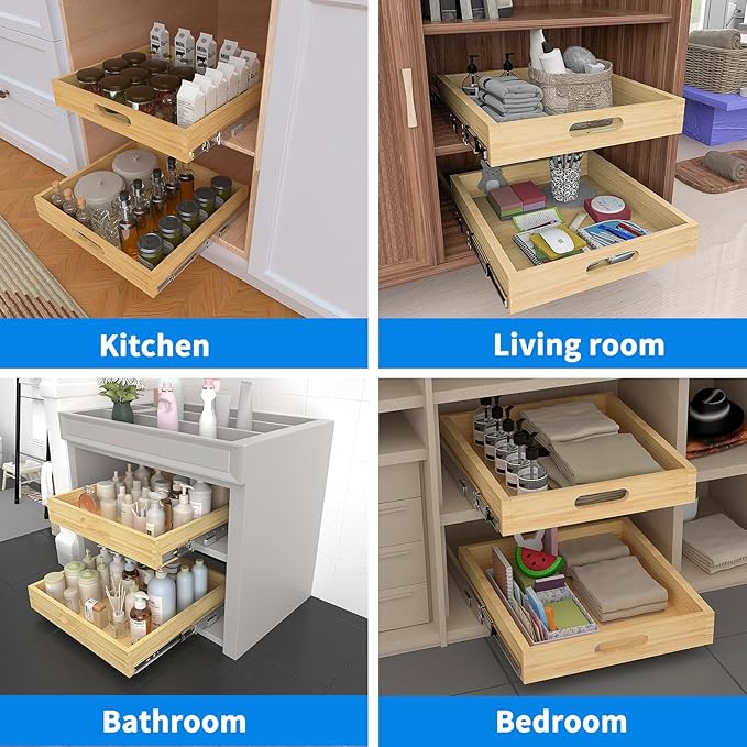 2 Set Pull Out Cabinet Organizer, Soft Close Slide Out Wood Drawer Storage Shelves for Kitchen, Base Cabinet Organization for Pantry, Finished, Heavy-Duty, Bottom Assembly (18” W x 21” D)
