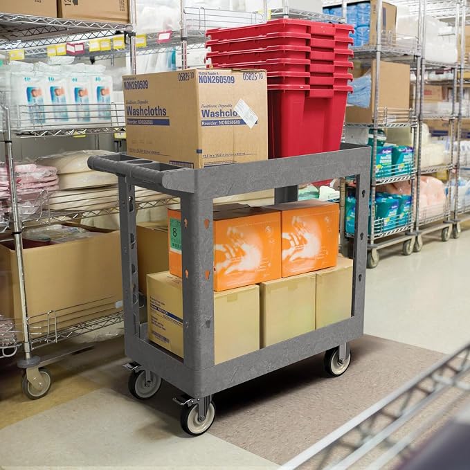 Plastic Utility Cart on Wheels, 34 x 17 Inch Rolling Service Cart-Gray | 2 Shelf Work Carts, 500 lbs Capacity Heavy Duty Tool Cart W/Tub Storage & Deep Shelve, for Warehouse, Garage, Cleaning