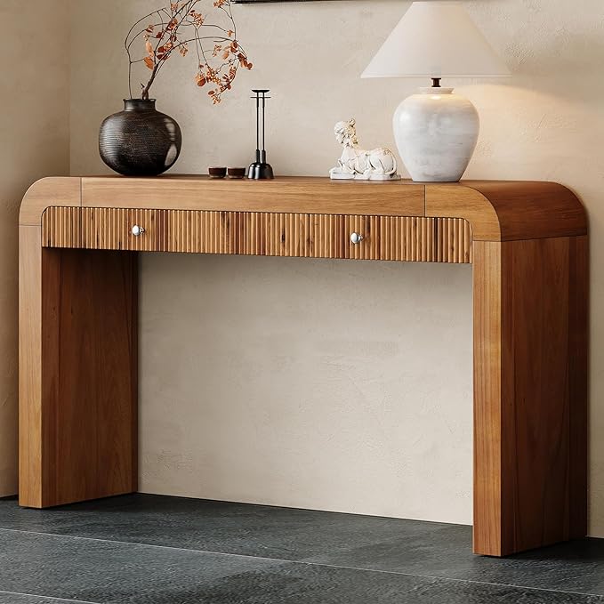Modern Curved Entryway Console Table 54.3-Inch Farmhouse Rustic Sofa Entry Table Fluted Accent Tables with Storage Drawers for Living Room Hallway Furniture, Brown